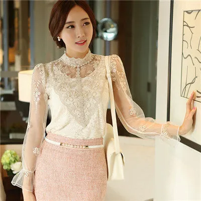 Crochet Long Sleeve Shirts Vintage Women Blouses Chiffon Women Lace Tops