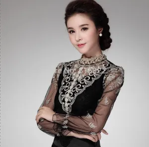 Crochet Long Sleeve Shirts Vintage Women Blouses Chiffon Women Lace Tops