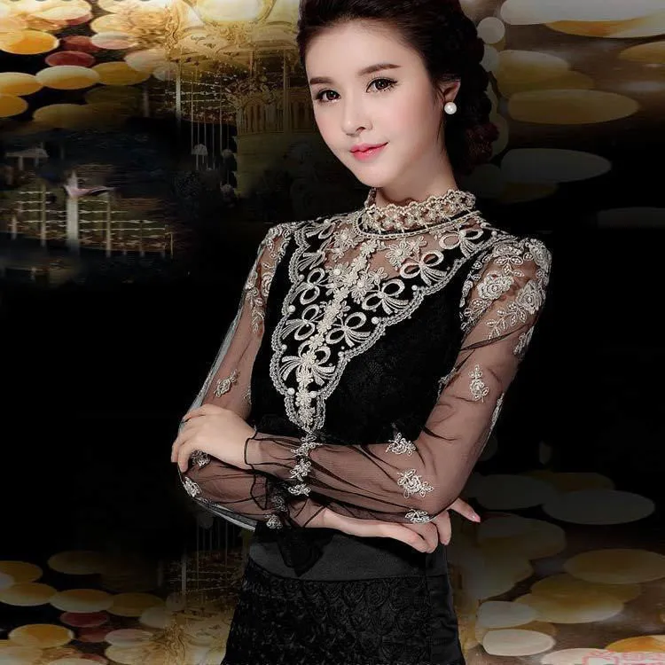 Crochet Long Sleeve Shirts Vintage Women Blouses Chiffon Women Lace Tops