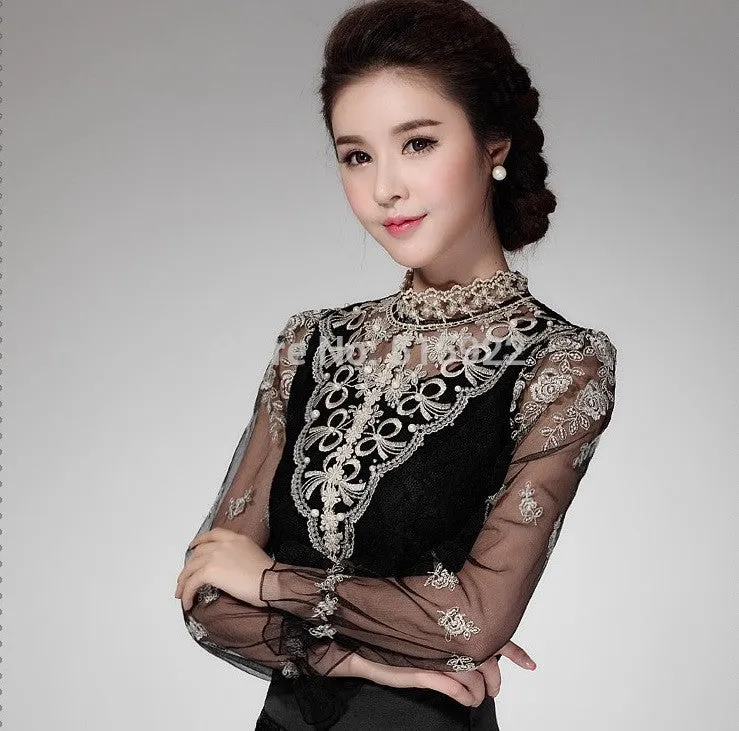 Crochet Long Sleeve Shirts Vintage Women Blouses Chiffon Women Lace Tops