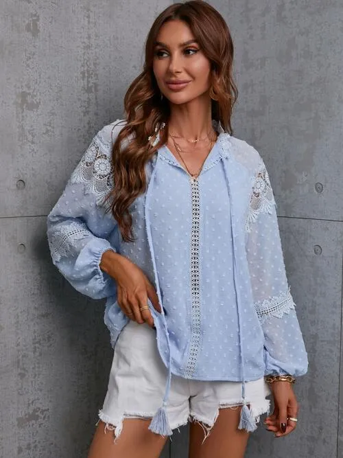 Crochet Tassel Tie Neck Long Sleeve Blouse (4 Colors)