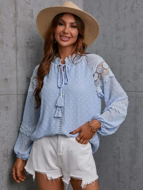 Crochet Tassel Tie Neck Long Sleeve Blouse (4 Colors)