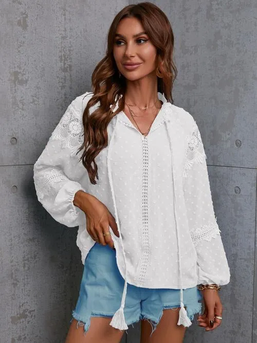 Crochet Tassel Tie Neck Long Sleeve Blouse (4 Colors)
