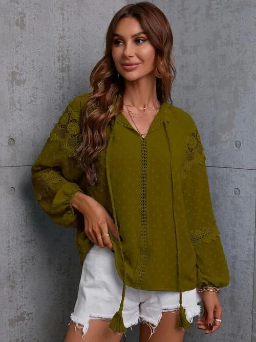 Crochet Tassel Tie Neck Long Sleeve Blouse (4 Colors)