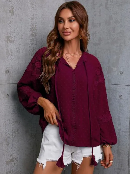 Crochet Tassel Tie Neck Long Sleeve Blouse (4 Colors)