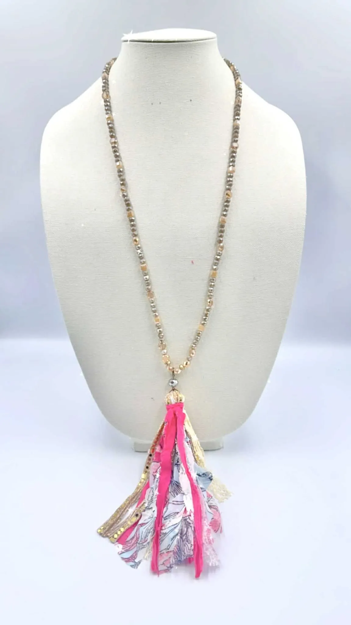 Crystal beaded necklace with pink floral tassel
