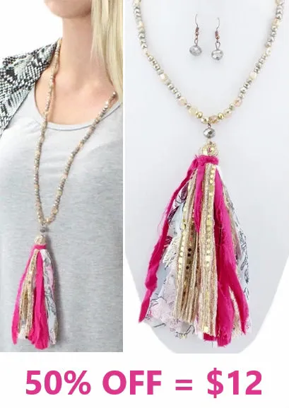 Crystal beaded necklace with pink floral tassel