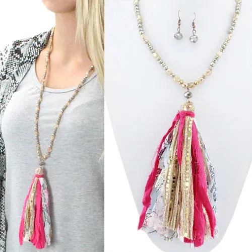 Crystal beaded necklace with pink floral tassel