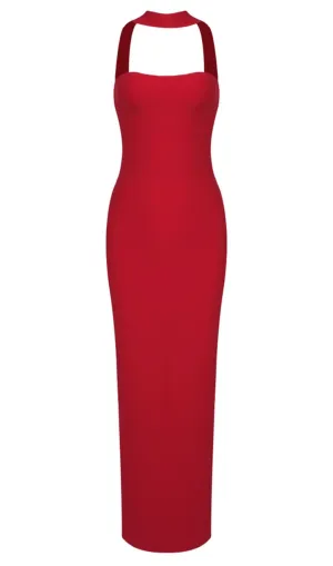 CUTOUT HALTER BACKLESS DRESS IN RED
