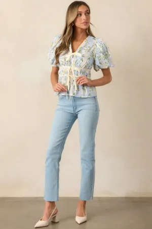 Dancing On Dewdrops Cotton Blue Floral Puff Sleeve Blouse