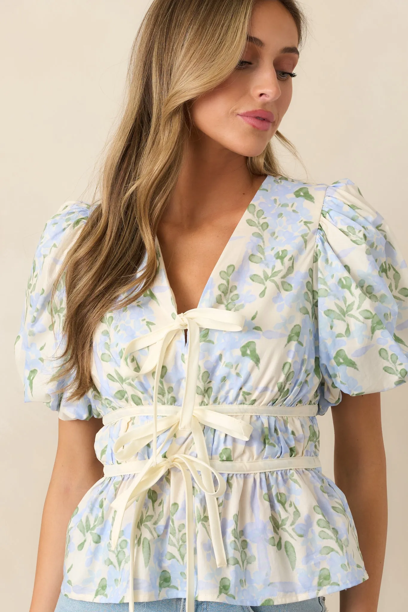 Dancing On Dewdrops Cotton Blue Floral Puff Sleeve Blouse