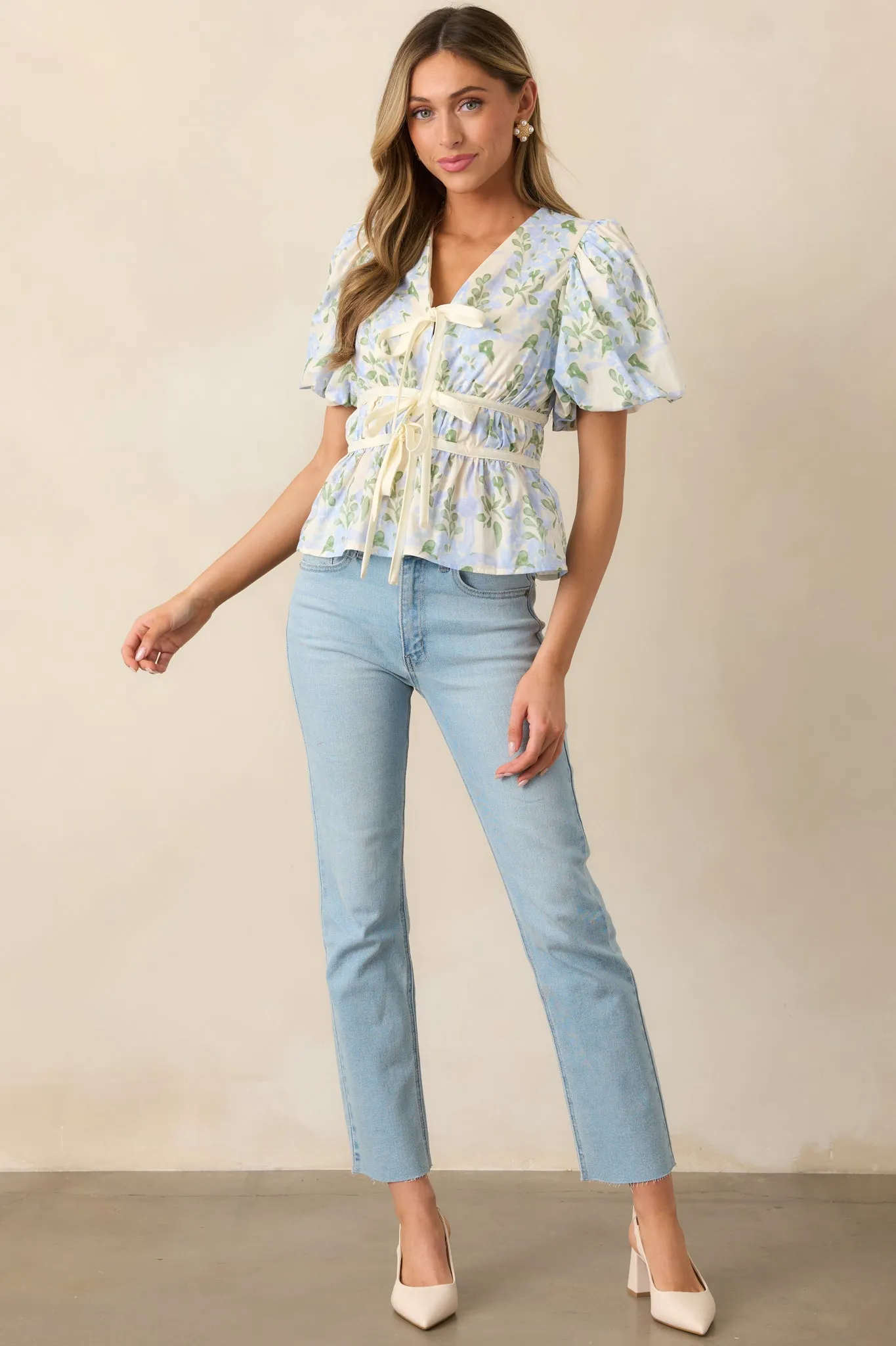 Dancing On Dewdrops Cotton Blue Floral Puff Sleeve Blouse