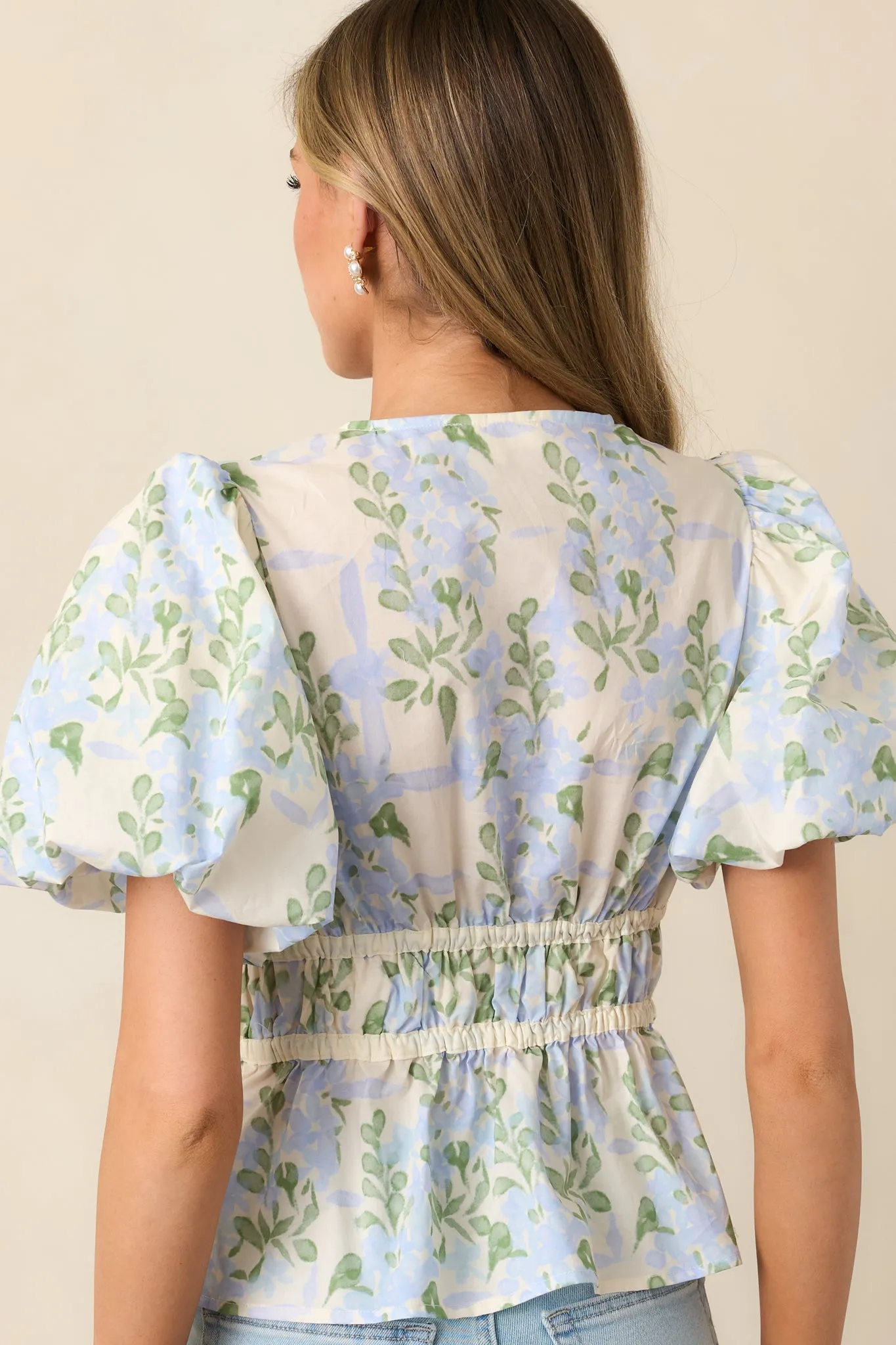 Dancing On Dewdrops Cotton Blue Floral Puff Sleeve Blouse