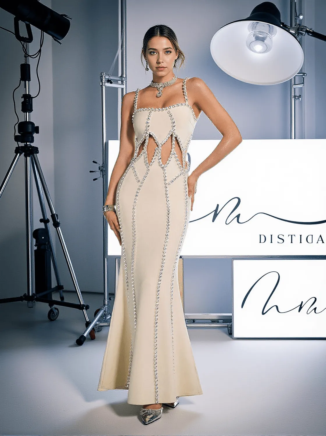 Dario Spaghetti Crystal Cutout Bandage Dress