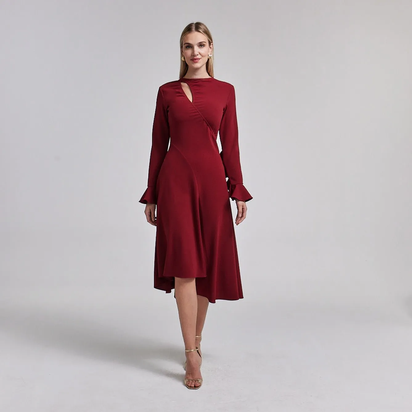 Dark Red Gathered Chest Crepe Midi Dress