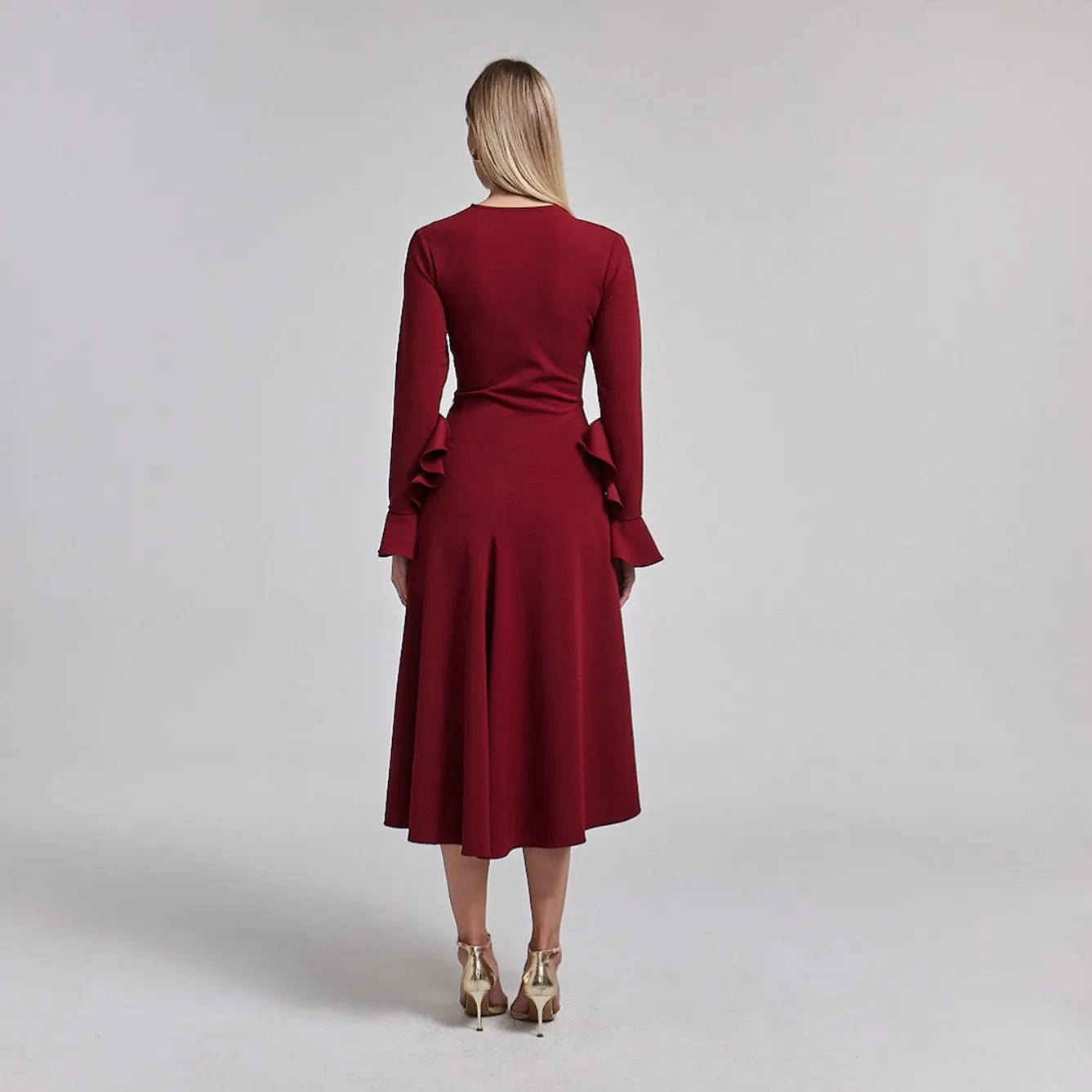 Dark Red Gathered Chest Crepe Midi Dress