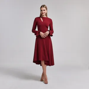 Dark Red Gathered Chest Crepe Midi Dress
