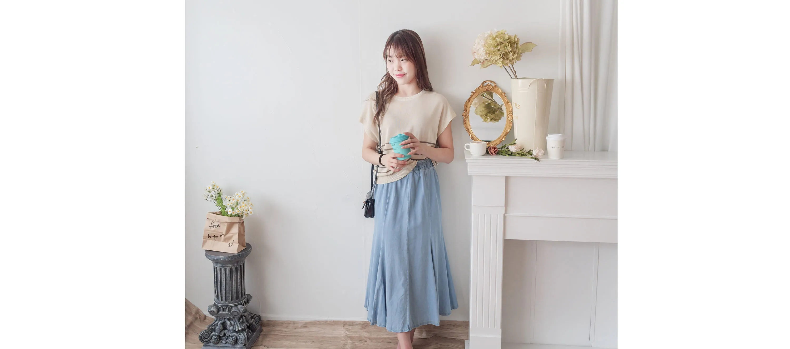 Denim Fishtail 全橡筋腰牛仔色棉質微傘魚尾裙, Skirt/ SK8833