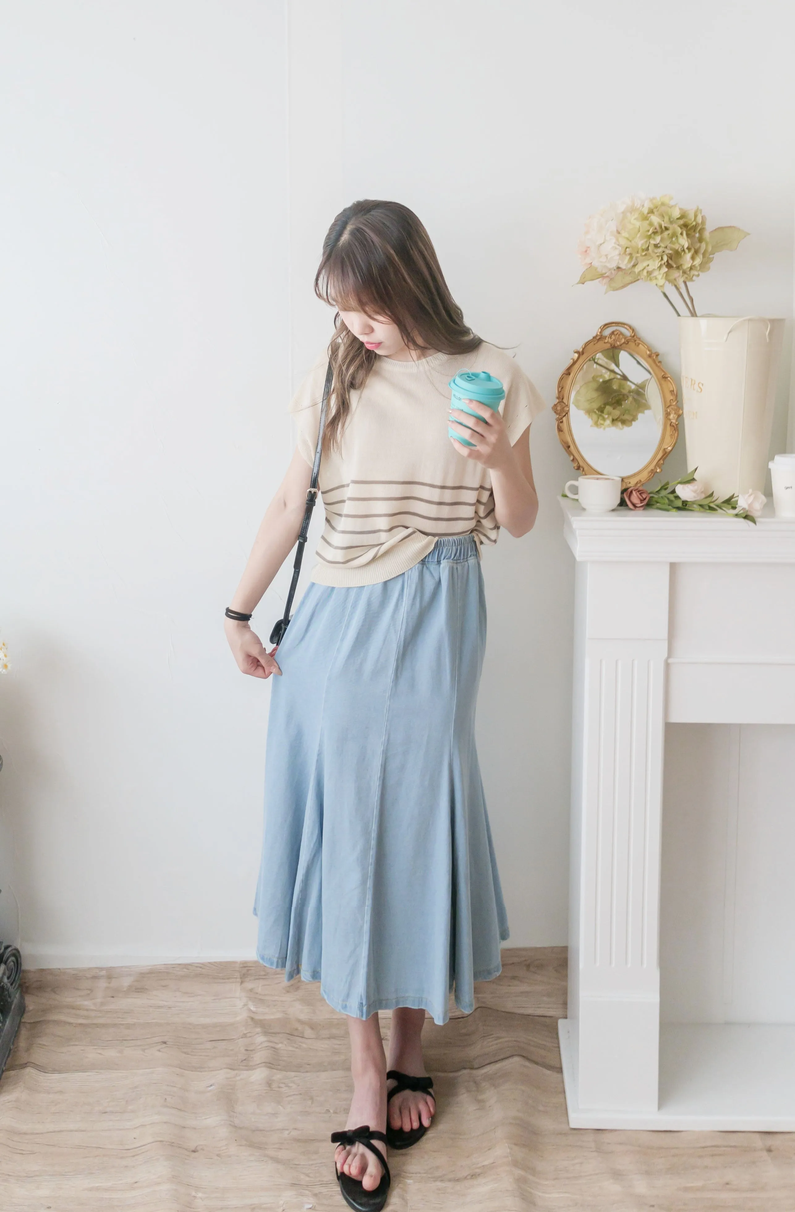 Denim Fishtail 全橡筋腰牛仔色棉質微傘魚尾裙, Skirt/ SK8833