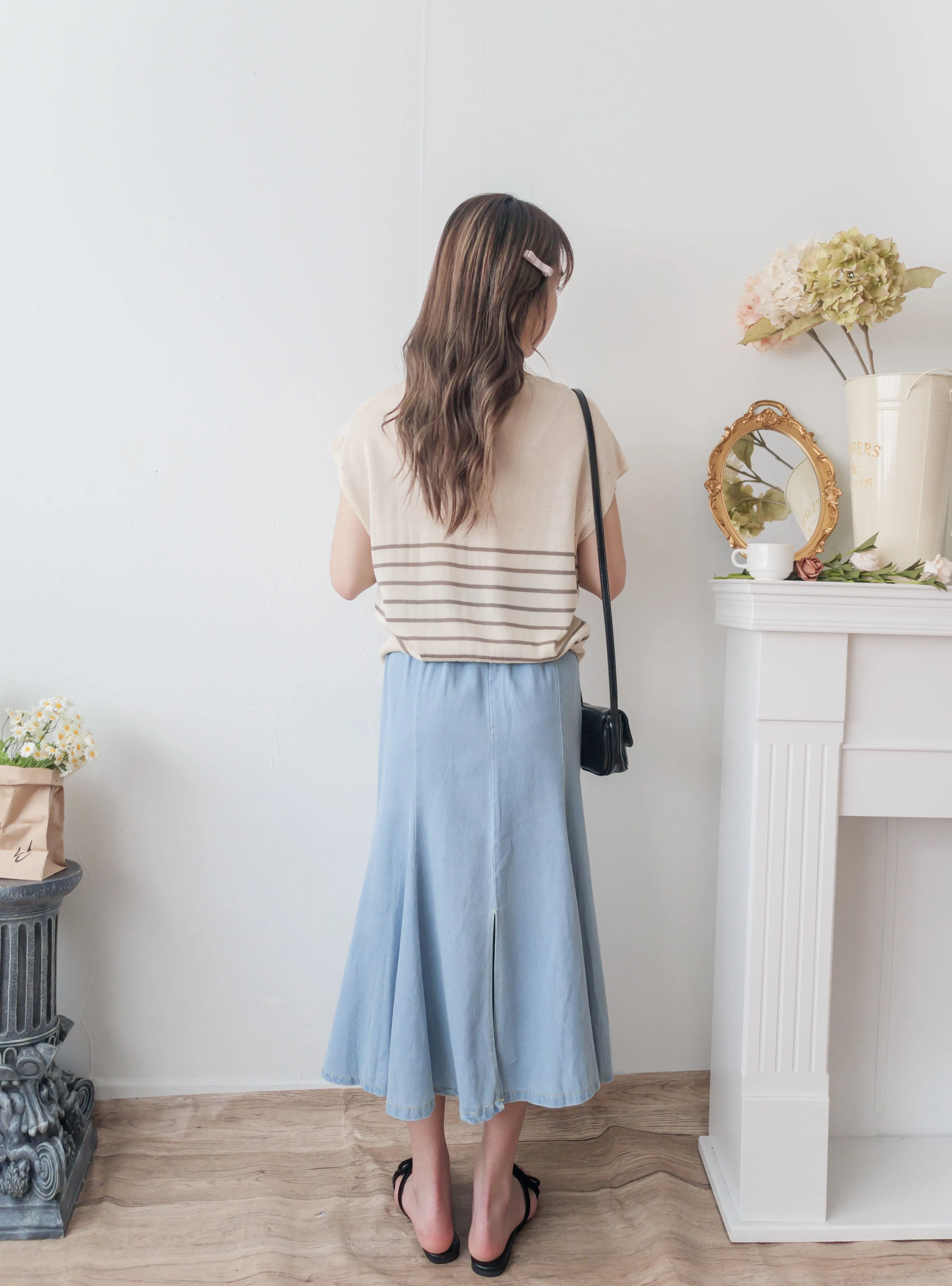 Denim Fishtail 全橡筋腰牛仔色棉質微傘魚尾裙, Skirt/ SK8833