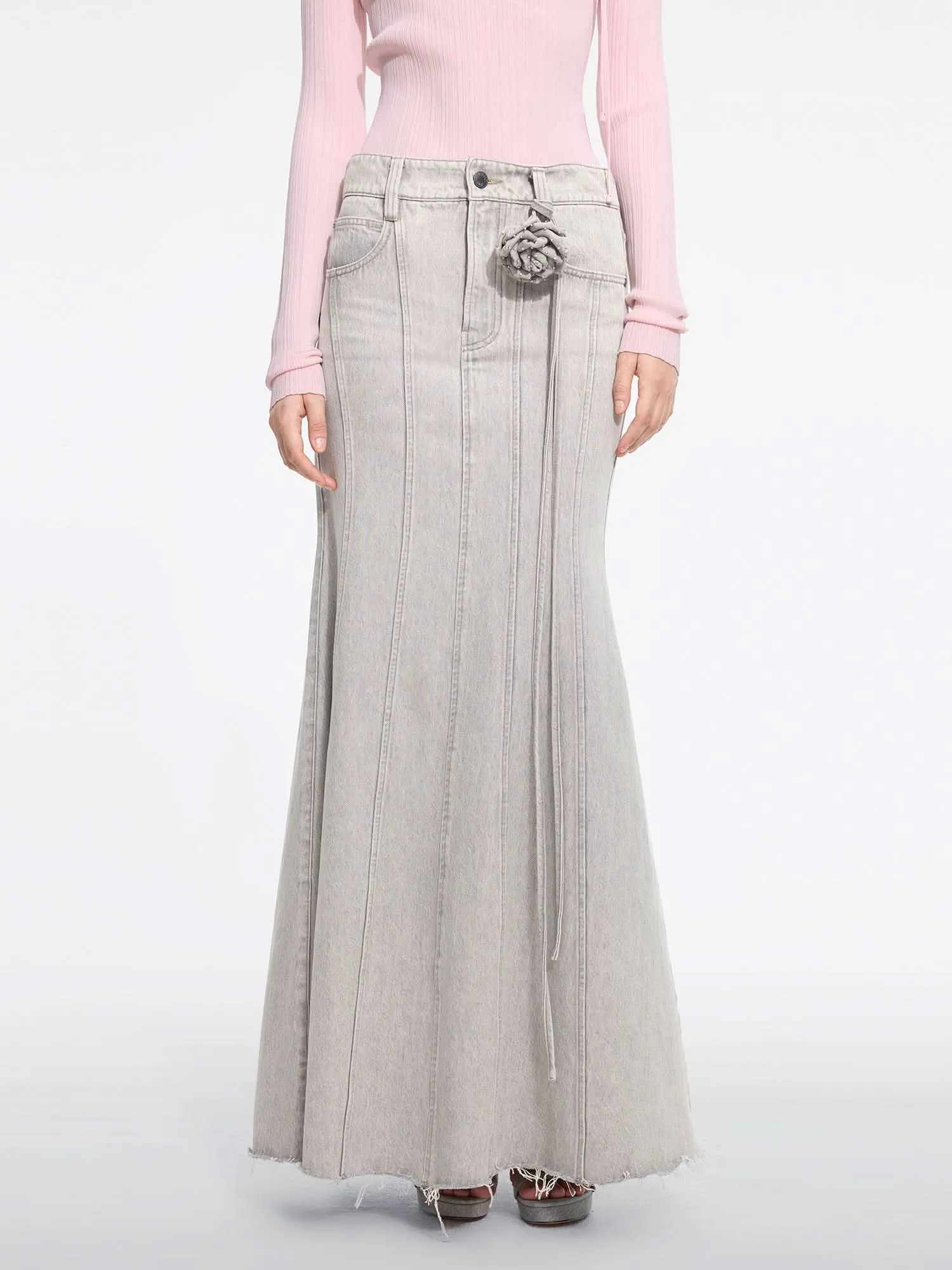 Denim Mermaid Skirt with Floral Belt