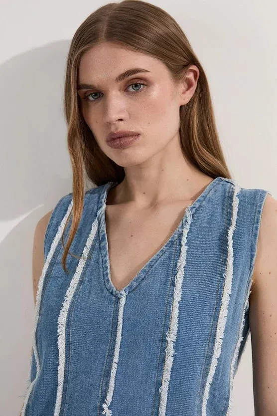 Denim Tassel Detail Longline Top