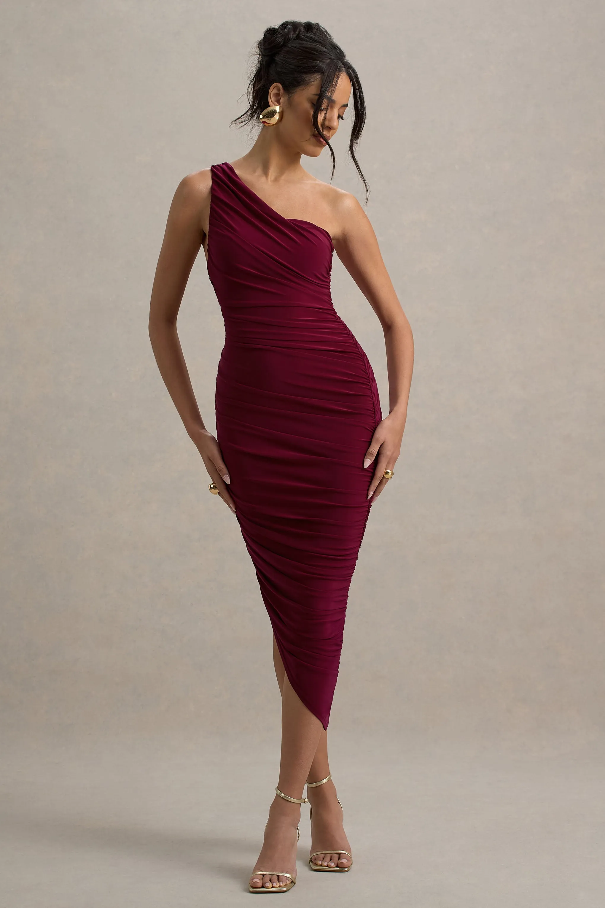 Dorit | Burgundy One Shoulder Asymmetric Ruched Midi Dress