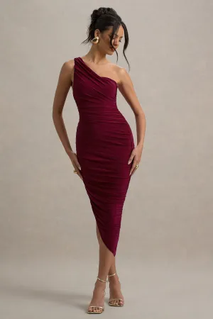 Dorit | Burgundy One Shoulder Asymmetric Ruched Midi Dress