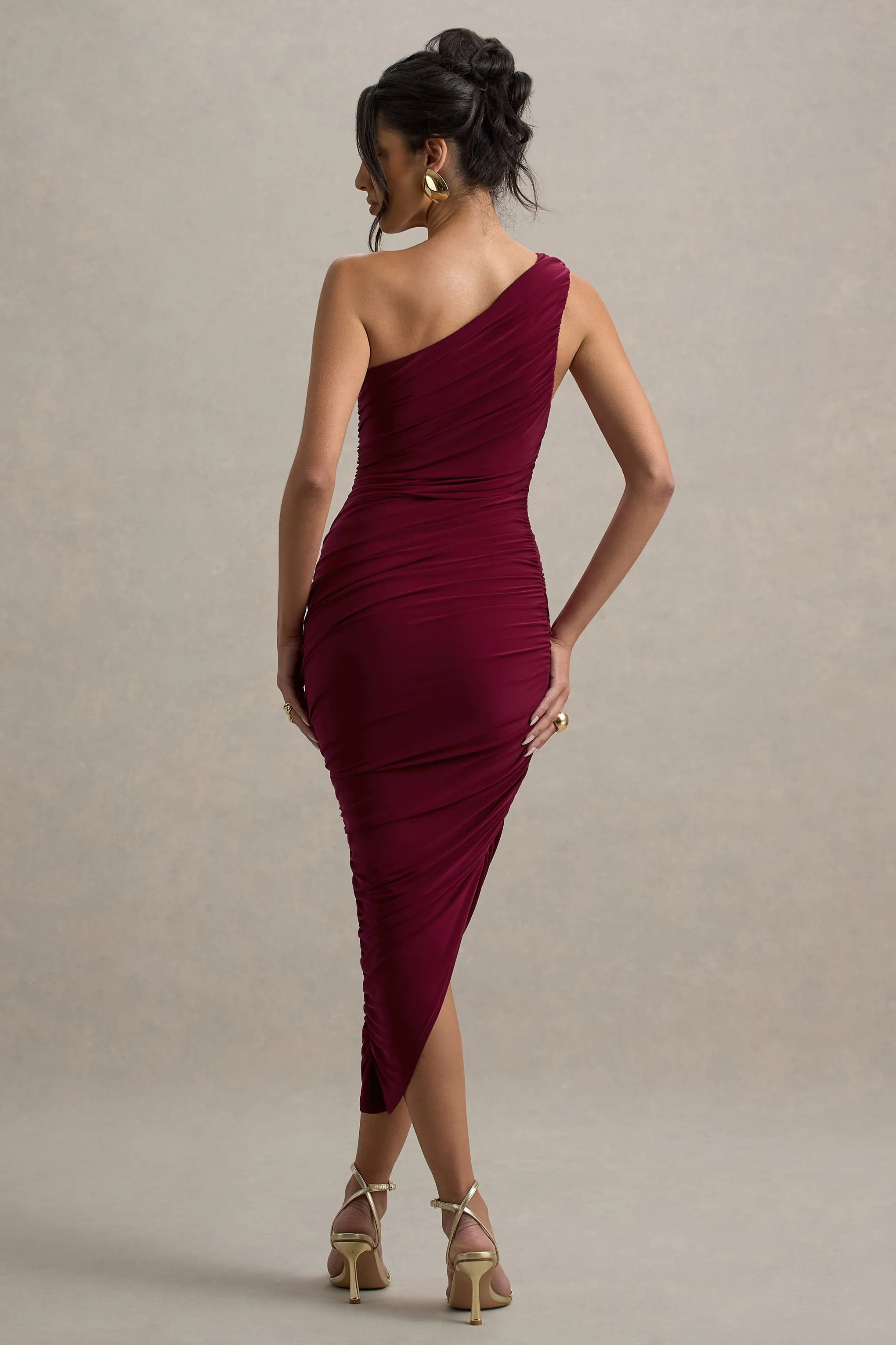 Dorit | Burgundy One Shoulder Asymmetric Ruched Midi Dress