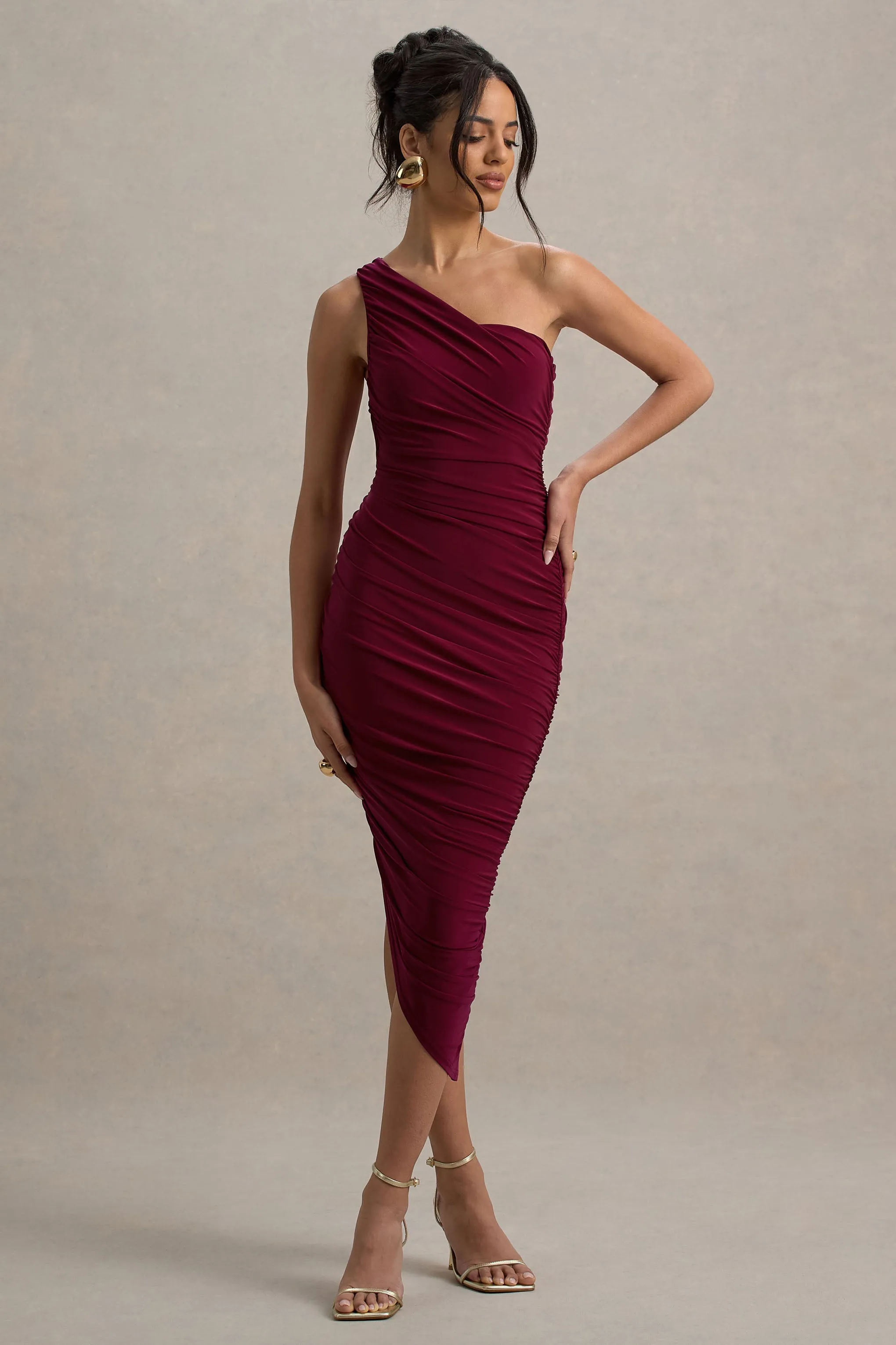 Dorit | Burgundy One Shoulder Asymmetric Ruched Midi Dress