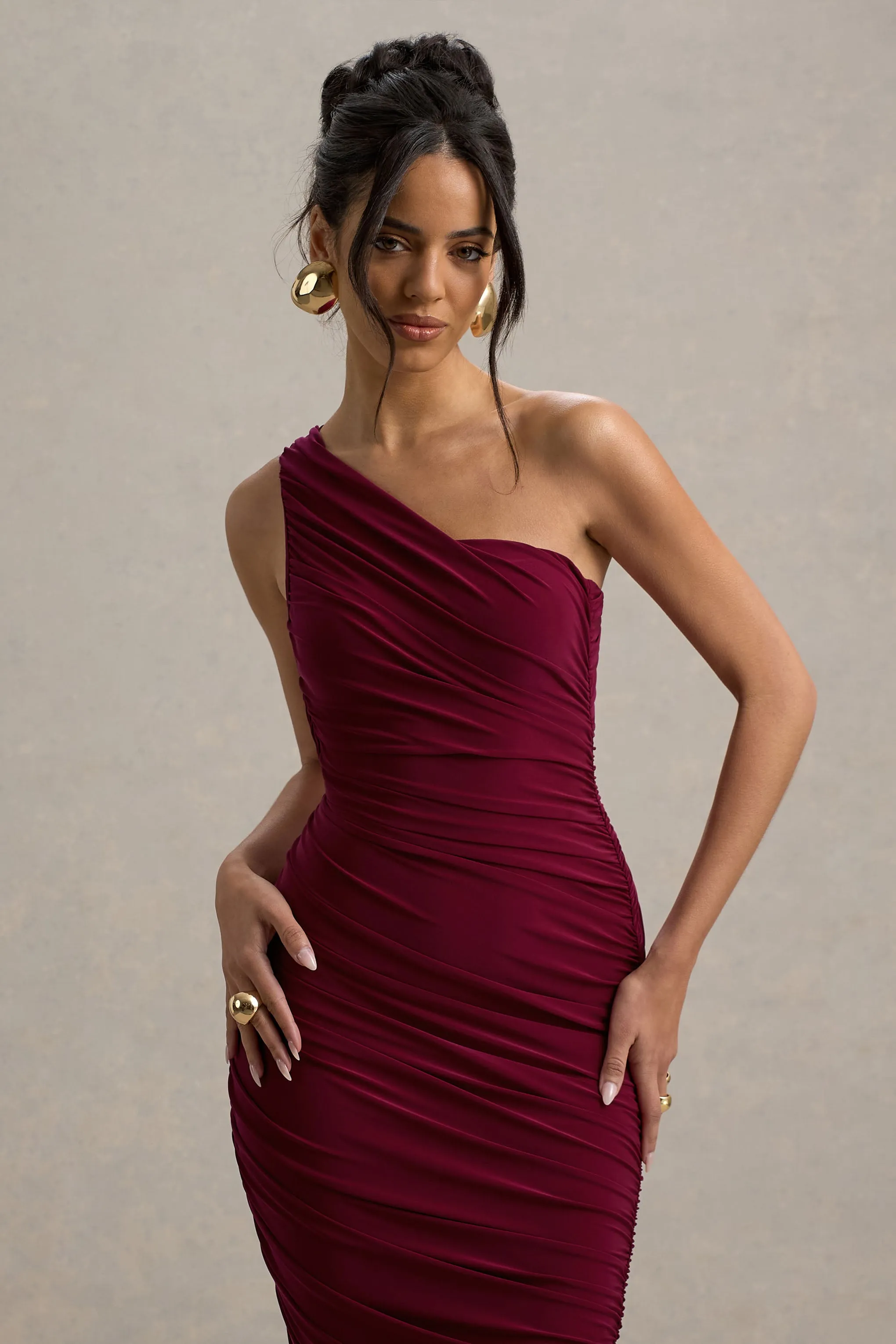 Dorit | Burgundy One Shoulder Asymmetric Ruched Midi Dress