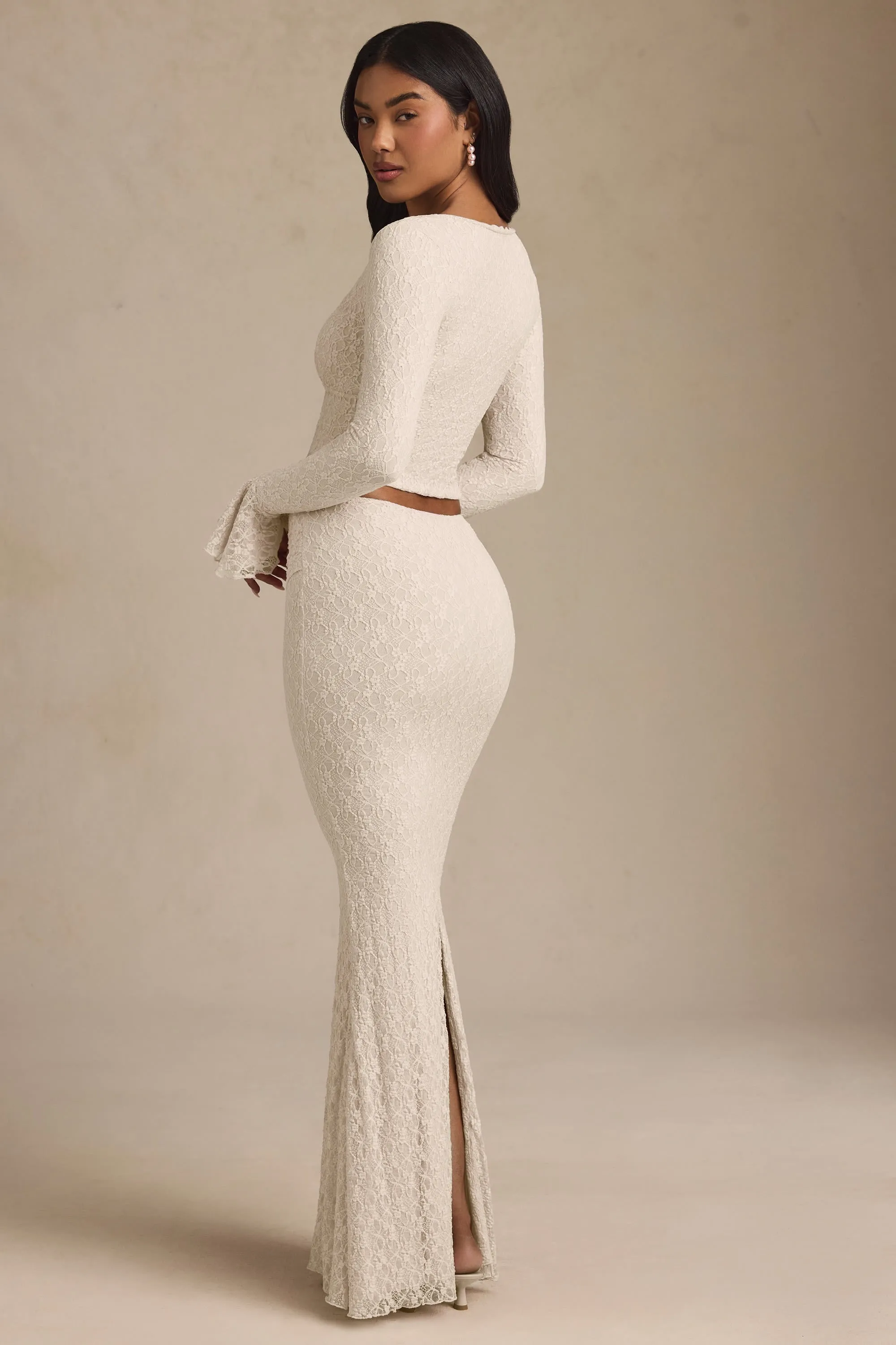 Draped Low-Rise Lace Maxi Skirt in Ivory
