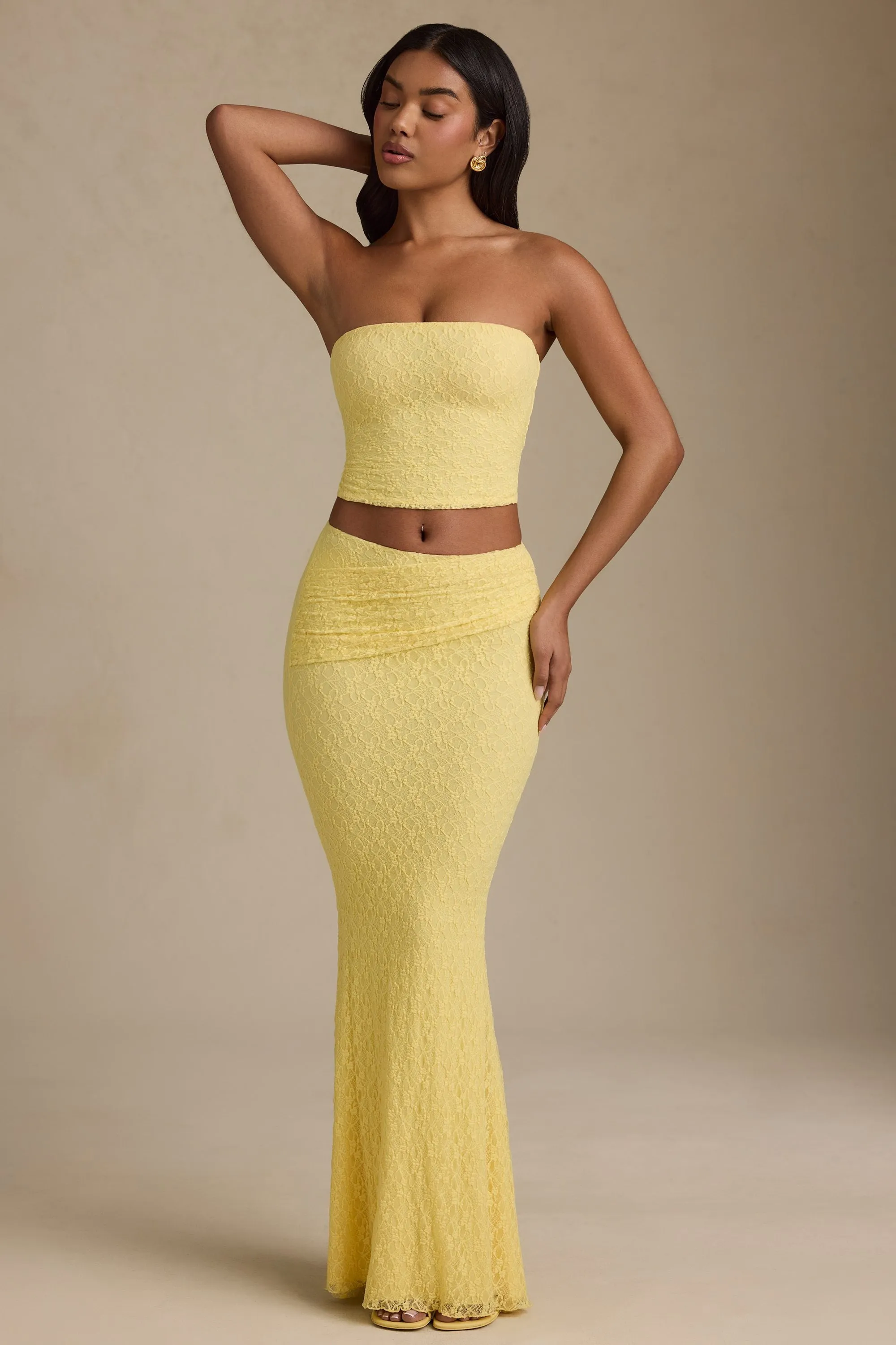Draped Low-Rise Lace Maxi Skirt in Pastel Yellow