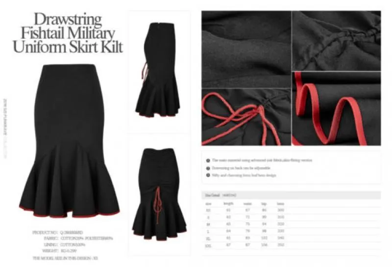 Drawstring Fishtail Military Uniform Skirt - Black/Red -