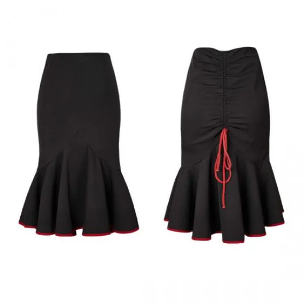 Drawstring Fishtail Military Uniform Skirt - Black/Red -