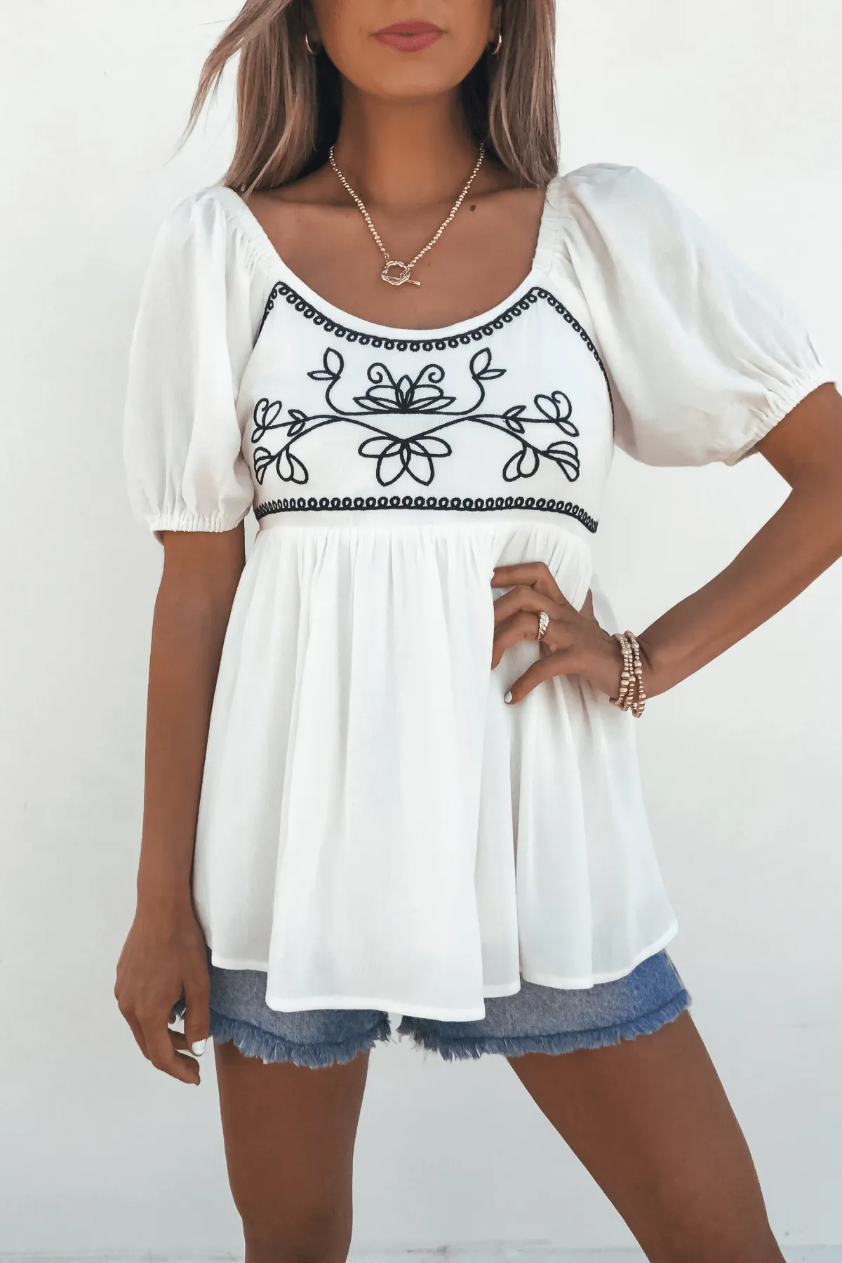 Dream-Filled Moments Ivory Embroidered Babydoll Top