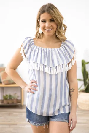 Dusty Blue and White Tassel Trim Stripe Top