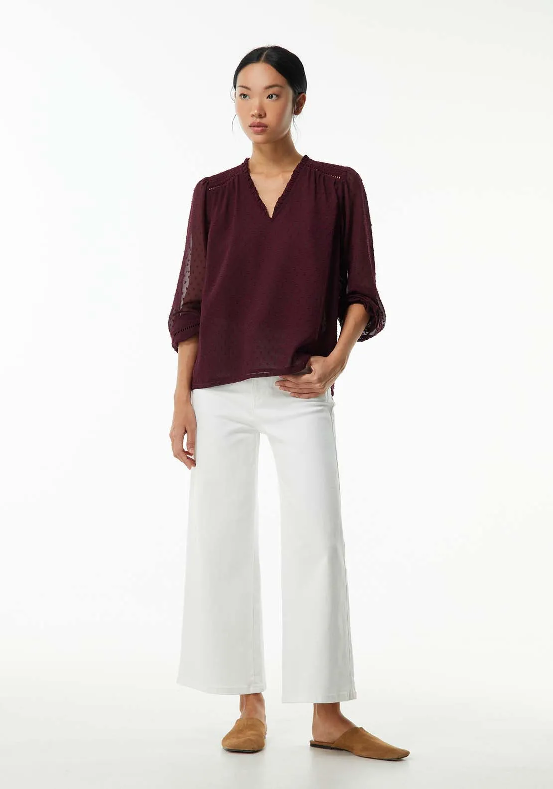 Elastic details plumetis blouse - Burgundy