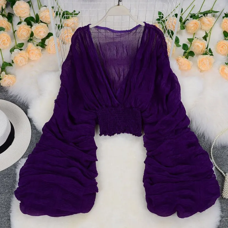 Elegant V Neck Puff Sleeve V Chiffon Blouses