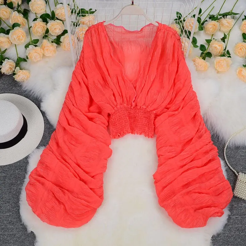 Elegant V Neck Puff Sleeve V Chiffon Blouses