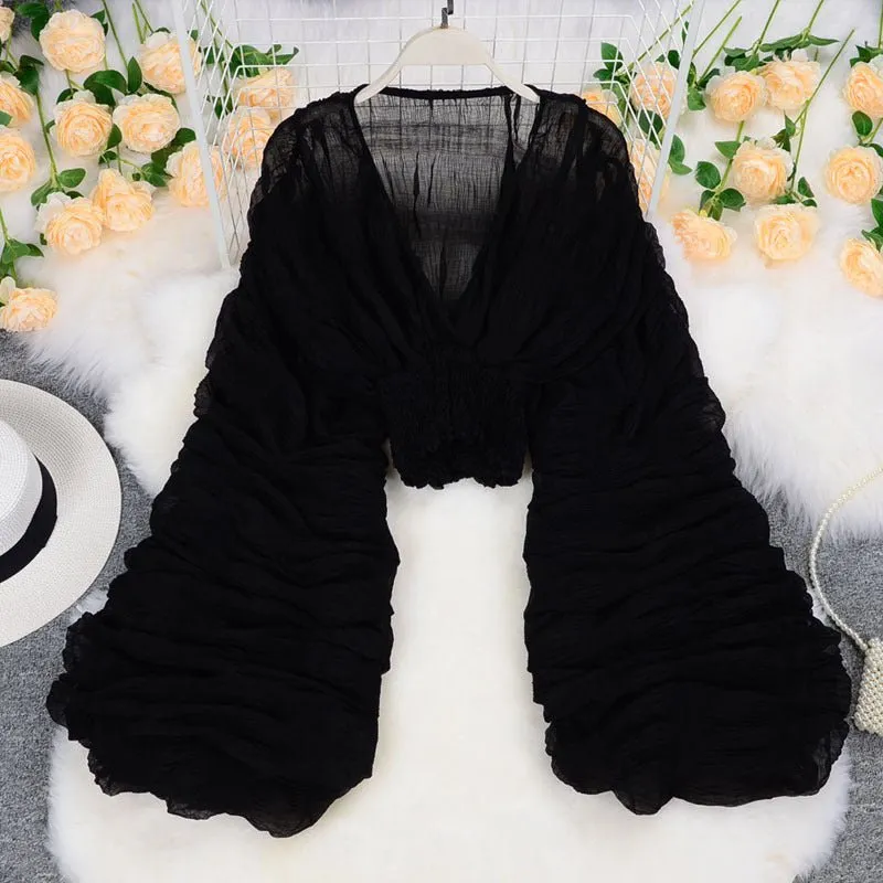 Elegant V Neck Puff Sleeve V Chiffon Blouses