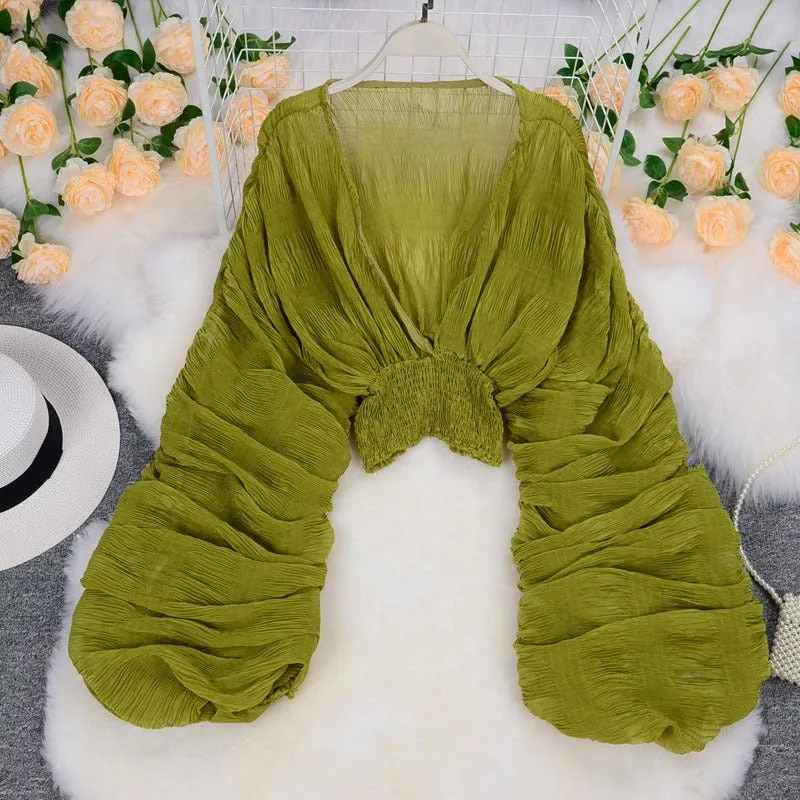 Elegant V Neck Puff Sleeve V Chiffon Blouses