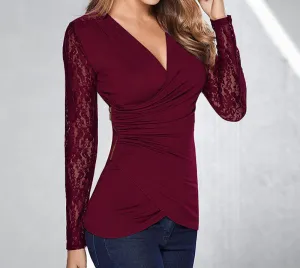 Elegant Women Blouses V Collar Long Sleeve Irregular Hem Shirt Lace Crochet Fold Casual Slim Solid Tops