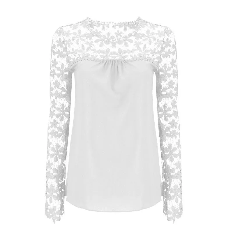 Elegant Women White Lace Blouses Floral Crochet Chiffon Shirt Ladies Shirts Top Pullover Basic Wear Plus Size S-5XL