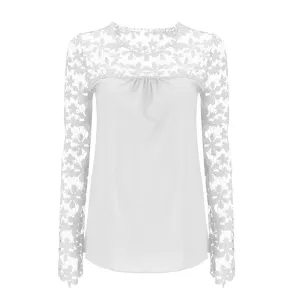 Elegant Women White Lace Blouses Floral Crochet Chiffon Shirt Ladies Shirts Top Pullover Basic Wear Plus Size S-5XL