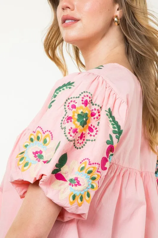 Embroidered Puff Sleeve Top - Pink