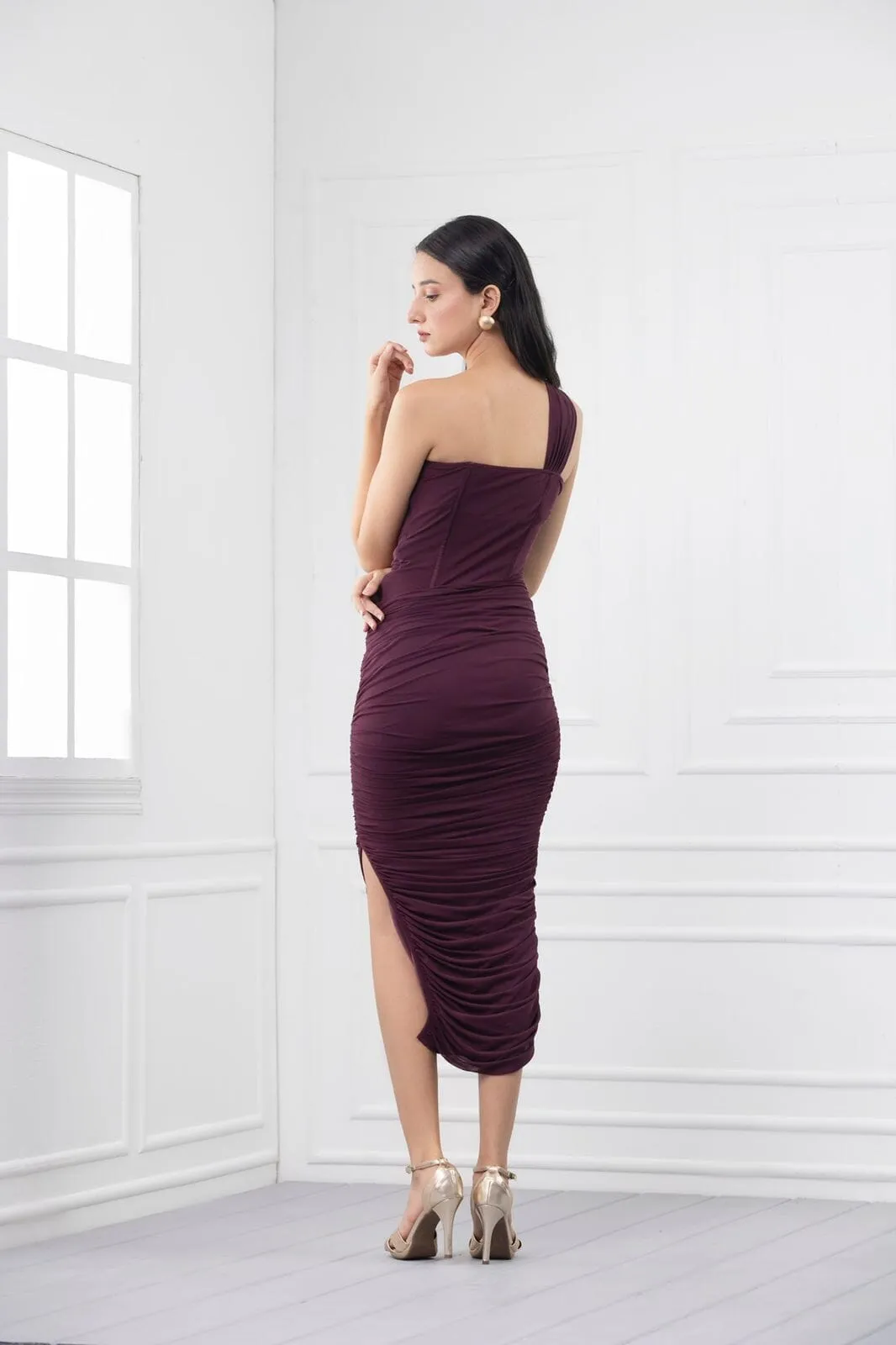 Escape it all - wine asymmetric cutout midi dress