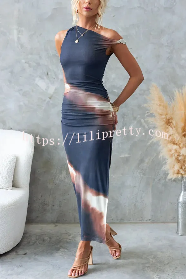 Esha Mesh Tie Dye Print Asymmetric Neck Twist Strap Stretch Maxi Dress