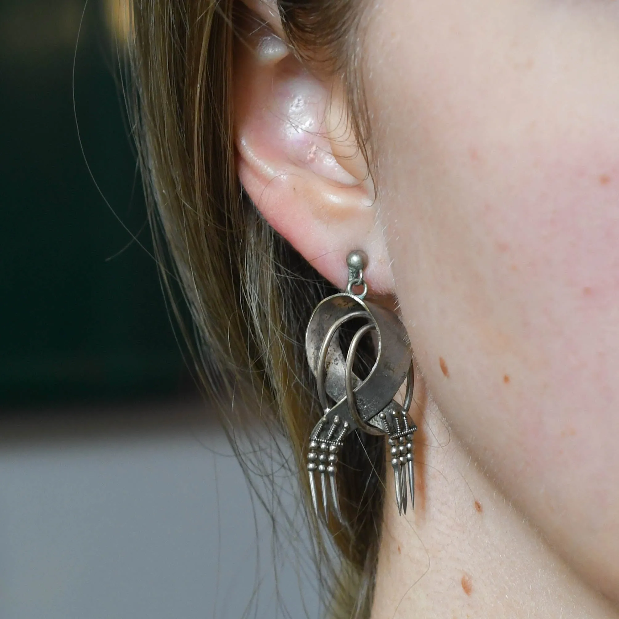 Etruscan Revival Silver Ribbon & Tassel Earrings