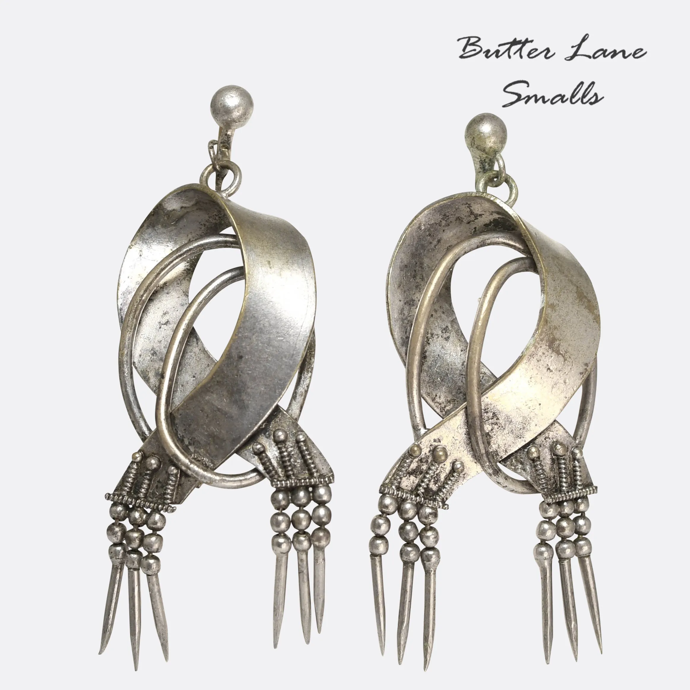 Etruscan Revival Silver Ribbon & Tassel Earrings